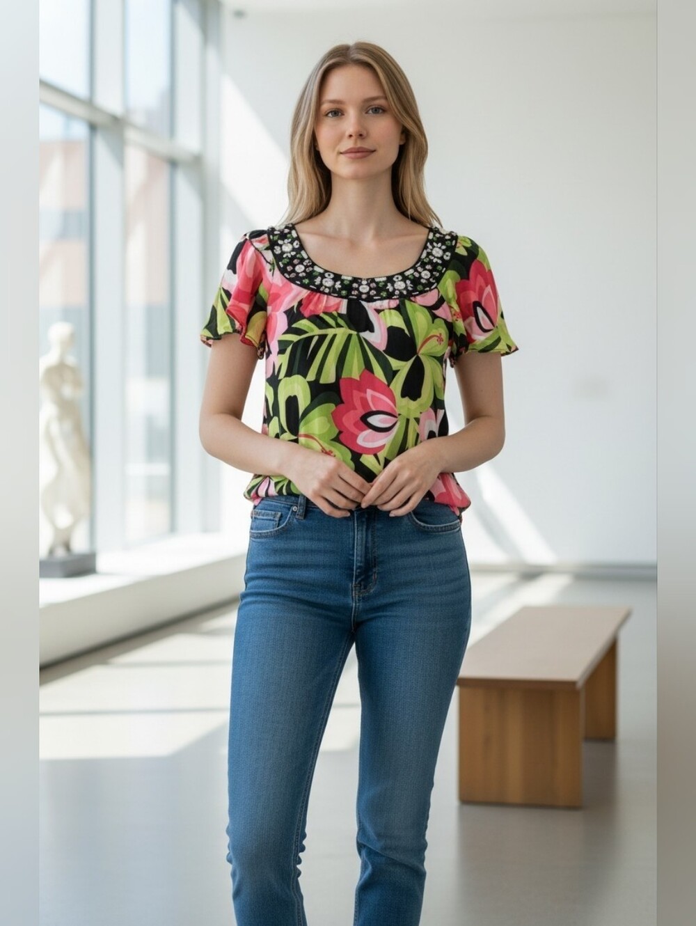 Nanette Lepore Size 2 Silk Embellished Scoop Neck Floral Blouse